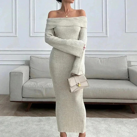 Apricot Elegant Women's Off Shoulder Sweater Maxi Dress - Picture 1 of 7